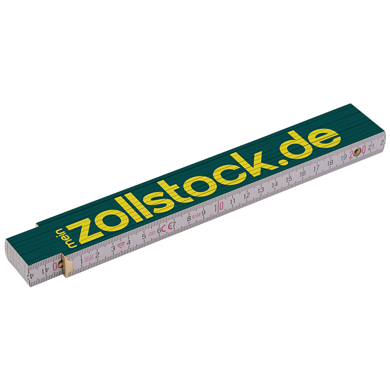 Gefalteter Holz-Zollstock mit grün lackierter Oberseite und großem gelben Schriftzug zollstock.de, sichtbarer weißer Messskala mit Zentimeterzahlen und Messing-Scharnier.