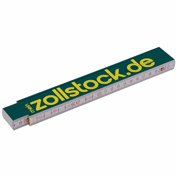 Zusammengefalteter grüner Holz-Zollstock mit großem gelben Schriftzug zollstock.de auf der Oberseite und einer sichtbaren weißen Messskala mit Zentimeter- und Millimeterstrichen.