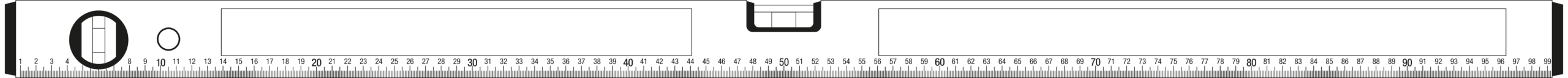 Lange weiße Wasserwaage mit zwei großen schwarzen Sichtfenstern, links ein rundes Libellenfenster und eine kleine runde Öffnung, in der Mitte ein kleines rechteckiges Libellenfenster oberhalb einer feinen Zentimeter-/Millimeterskala von 1 bis 99 und schwarzen Endkappen.