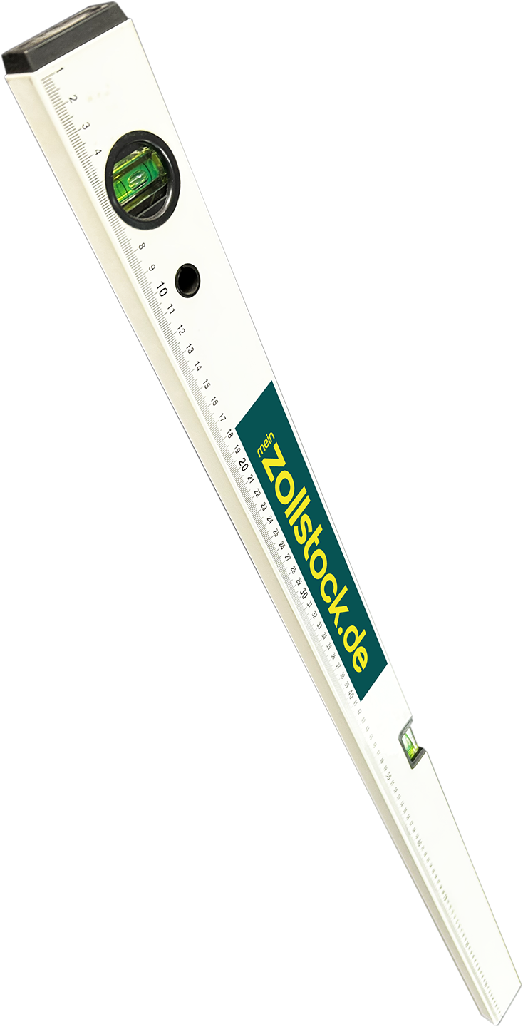 Schräg über das Bild verlaufende weiße Wasserwaage mit integrierter Zentimeter-Skala, zwei grünen Libellen, rundem Aufhängeloch und grünem Logofeld mit der Aufschrift mein zollstock.de vor dunklem Hintergrund.