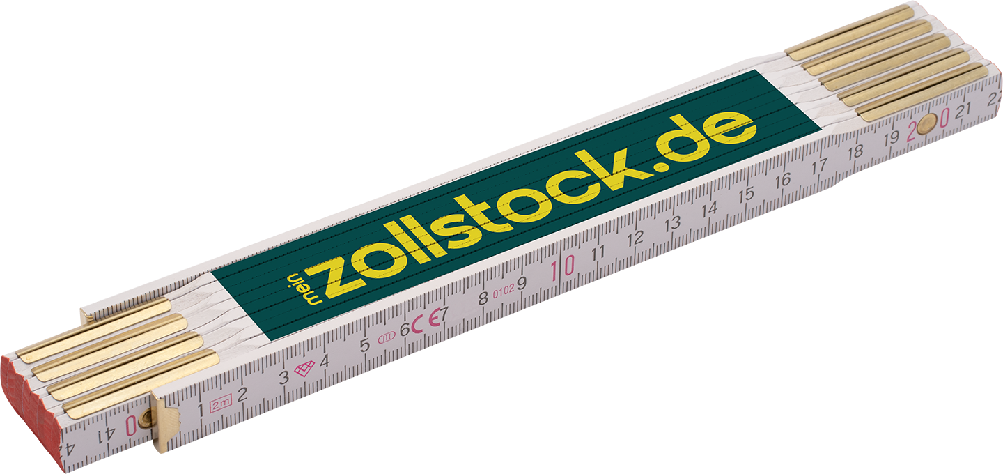 Gefalteter Holz-Zollstock mit weiß lackierten Segmenten, auf einem grünen Feld groß die gelbe Aufschrift „zollstock.de“, sichtbarer Millimeter‑ und Zentimeterskala, roten Enden und Messingbeschlägen.