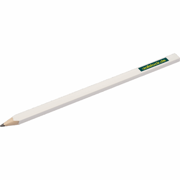 Weißer flacher Zimmermannsbleistift mit sichtbarer Holzspitze und grün-gelbem ‚zollstock.de‘-Aufkleber am Schaft.