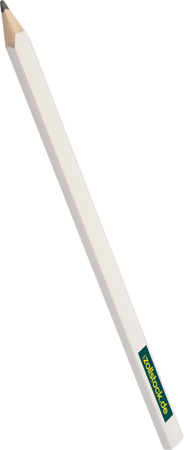 Weißer sechseckiger Bleistift mit angespitzter schwarzer Mine, sichtbar freigelegtem Holz und grün-gelbem Aufkleber „zollstock.de“, diagonal im Bild platziert.