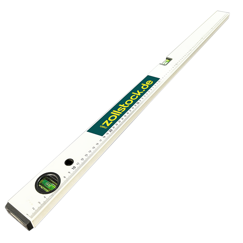 Schräg angelegte weiße Aluminium-Wasserwaage mit integriertem Zentimeter-Lineal, zwei grünen Libellen, Aufhängloch und grün-gelbem Markenaufkleber ezollstock.de