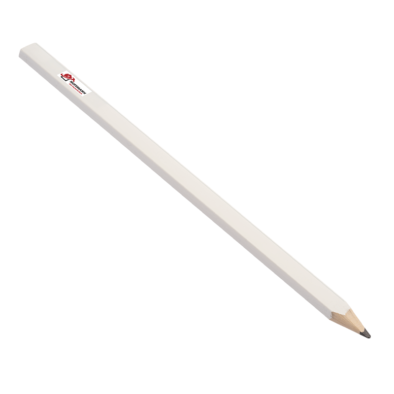 Länglicher, weiß lackierter Holzkeil mit dreieckigem Querschnitt, sichtbarer naturfarbener Holzspitze und kleinem rechteckigen Aufkleber mit rotem Logo an der Oberkante.