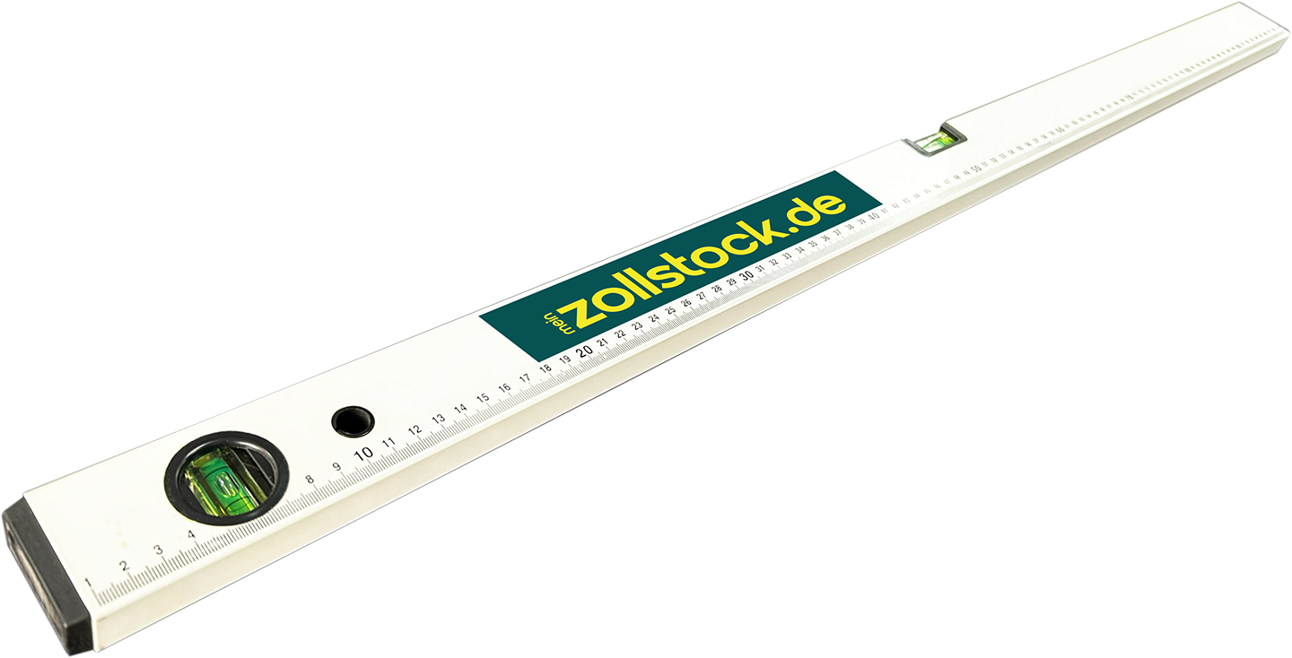 Weiße Aluminium-Wasserwaage mit aufgedruckter Zentimeter-Skala, zwei grünen Libellen (eine rund), einem Griffloch und aufgeklebtem grünen zollstock.de-Logo, liegend auf dunklem Untergrund.