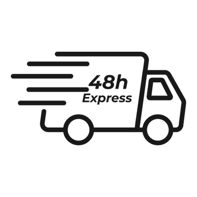 Schwarzes Icon eines Lieferwagens mit Geschwindigkeitlinien links und der Aufschrift 48h Express auf der Ladefläche.