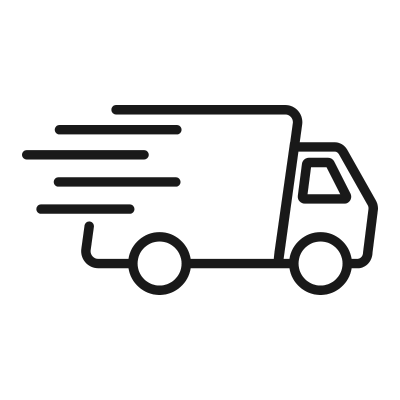 Skizzenhafter Umriss eines Lieferwagens mit angedeuteten Fahrtlinien links, die Bewegung und schnellen Versand symbolisieren.