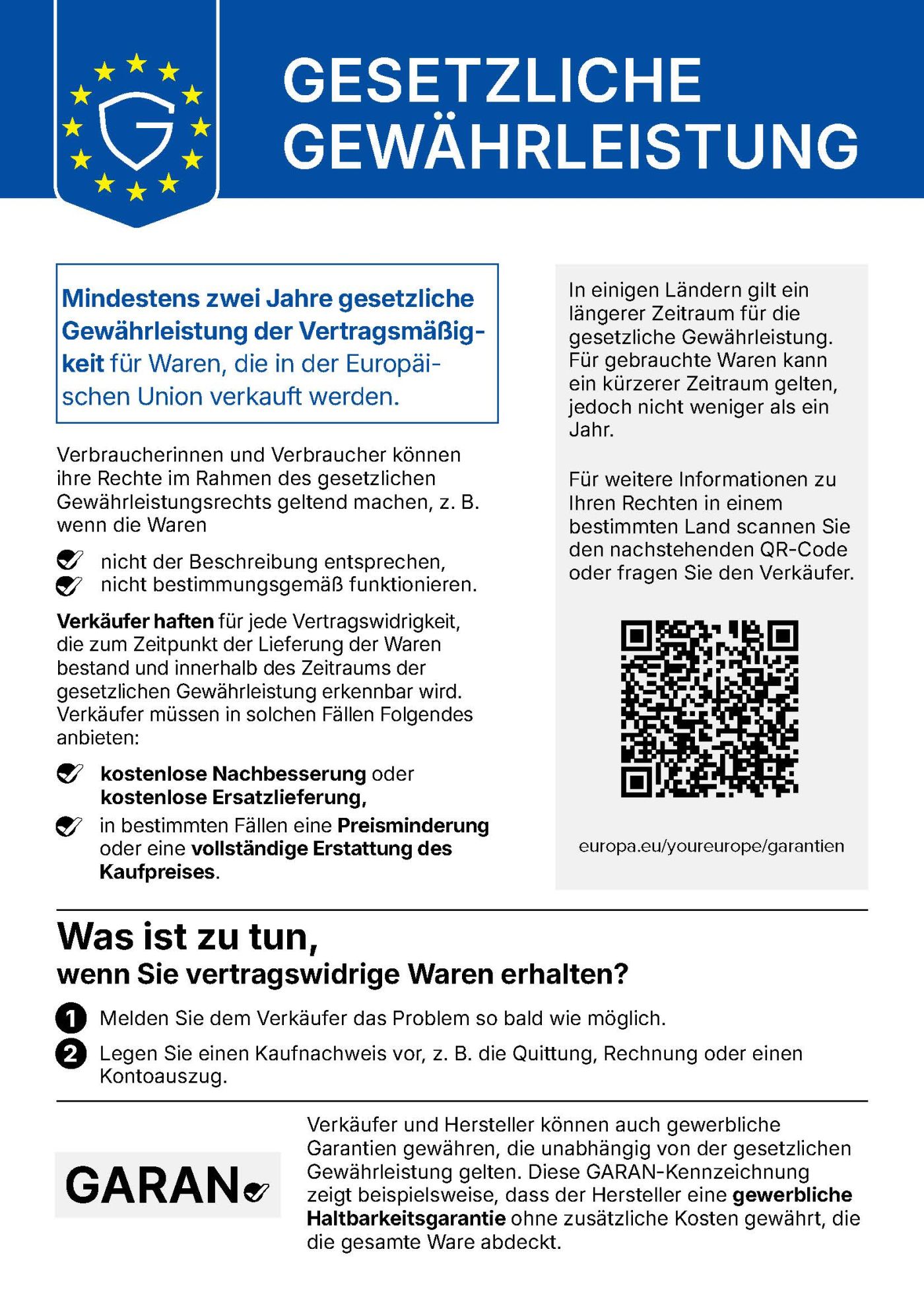 EU-Hinweis zur gesetzlichen Gewährleistung: Sie haben mindestens zwei Jahre Anspruch auf Gewährleistung