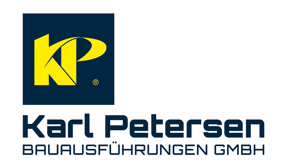 Logo der Karl Petersen Bauausf&uuml;hrungen GmbH mit stilisiertem gelbem &bdquo;KP&ldquo; und dem Firmennamen in blauer Schrift